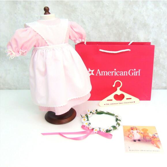 American Girl Kirsten Birthday Outfit Pleasant Co Apron Dress Wreath Hanger Bag - Picture 9 of 11